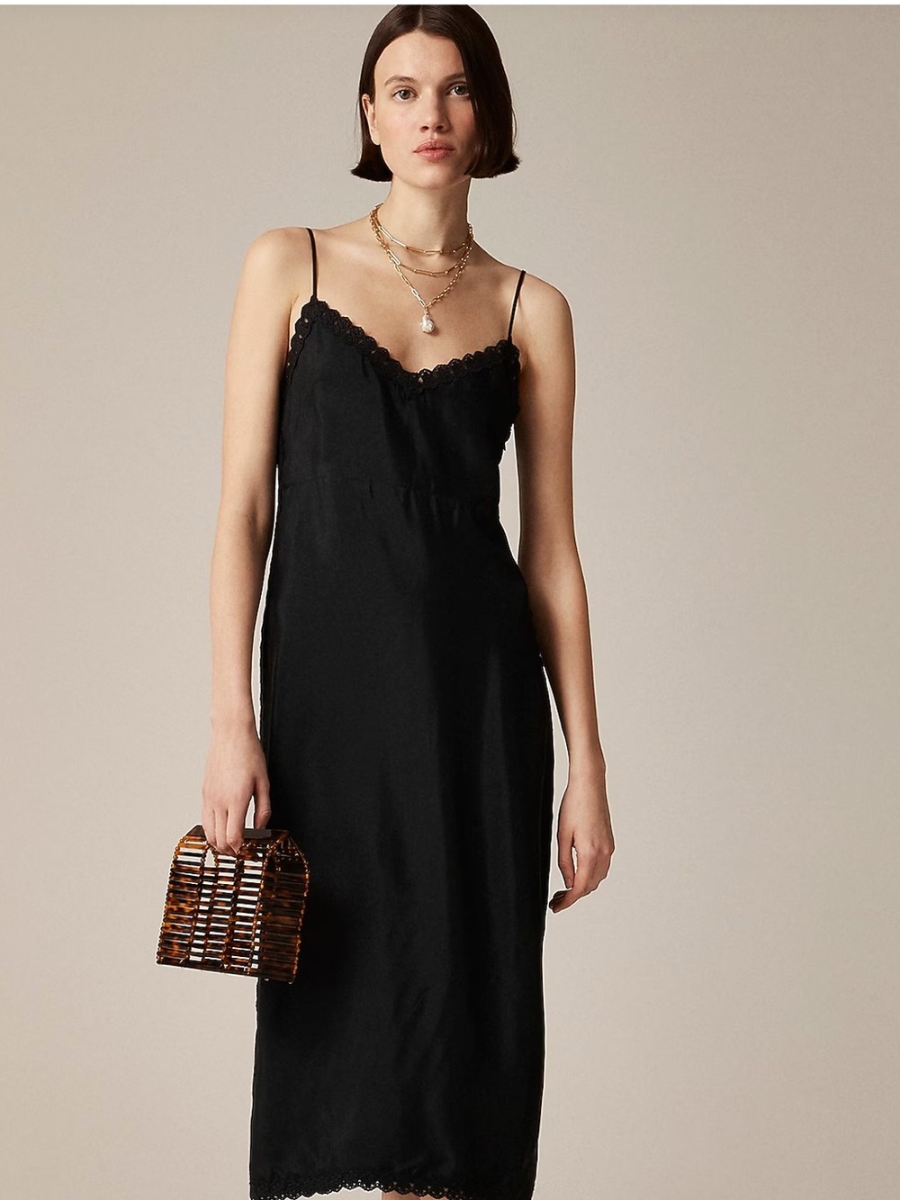 J. Crew Natasha Black Crochet Lace-Trim Silky Slip Midi Dress - US 20